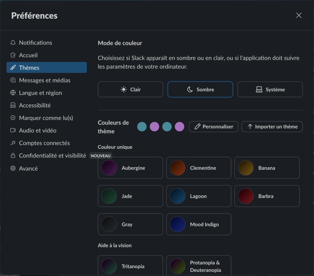 slack préférences thèmes